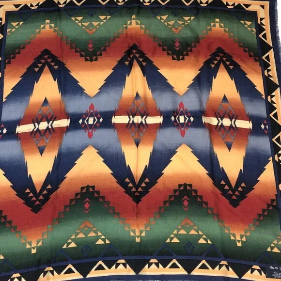 Vintage Ralph Lauren Wool Aztec Southwest Native Print Square Scarf Japan - Picture 10 of 13